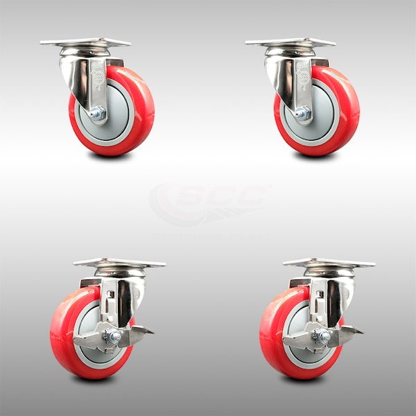 Service Caster 4 Inch 316SS Red Polyurethane Wheel Swivel Top Plate Caster Brakes SCC, 2PK SCC-SS31620S414-PPUB-RED-2-TLB-2 - main